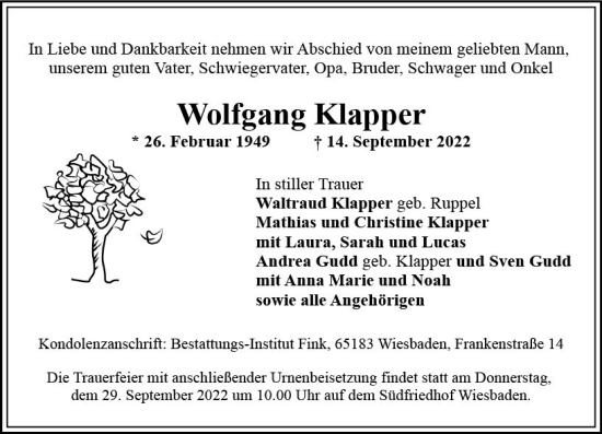 Traueranzeige von Wolfgang Klapper von vrm-trauer Wiesbadener Kurier