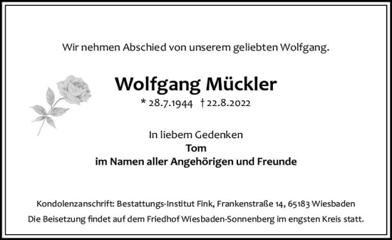 Traueranzeige von Wolfgang Mückler von vrm-trauer Wiesbadener Kurier