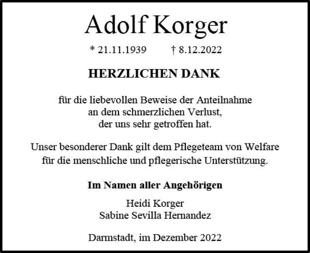  Traueranzeige für Adolf Korger vom 07.01.2023 aus vrm-trauer Darmstädter Echo
