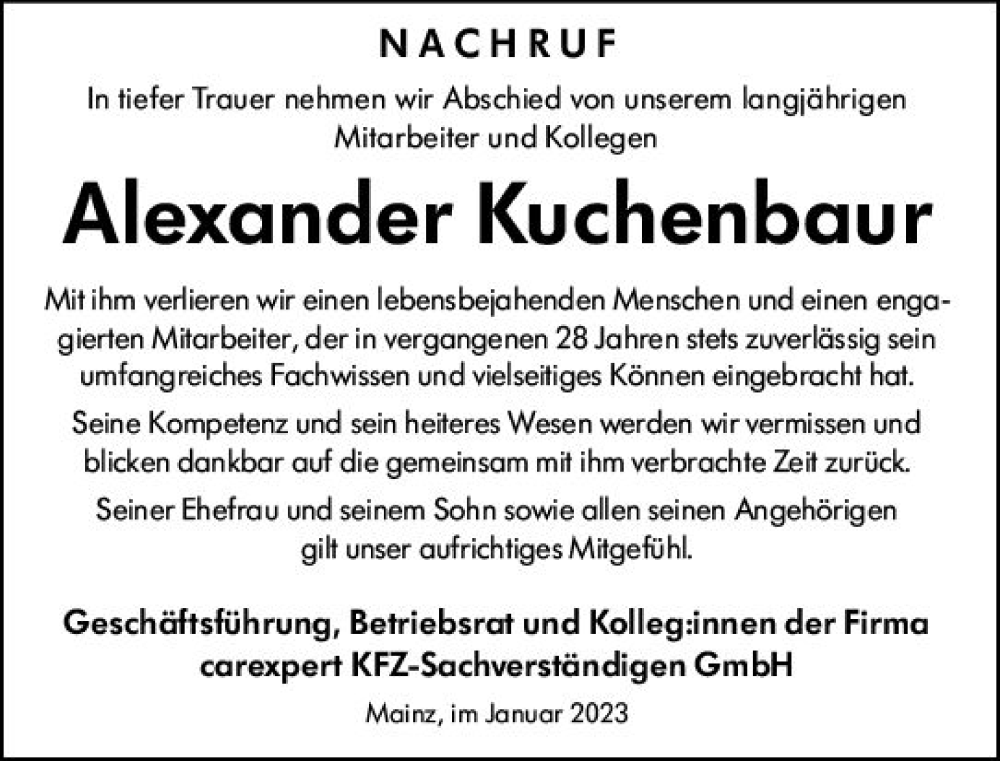  Traueranzeige für Alexander Kuchenbaur vom 07.01.2023 aus vrm-trauer Wiesbadener Kurier