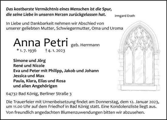 Traueranzeige von Anna Petri von vrm-trauer Odenwälder Echo