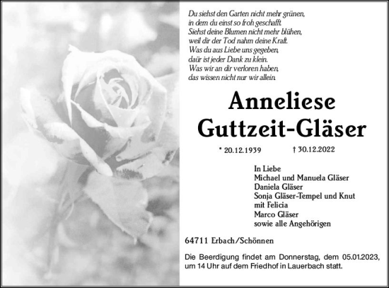 Traueranzeige von Anneliese Guttzeit-Gläser von vrm-trauer Odenwälder Echo