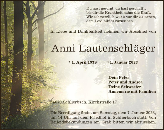 Traueranzeige von Anni Lautenschläger von vrm-trauer Bürstädter/Lamperth. Ztg/Starkenburger