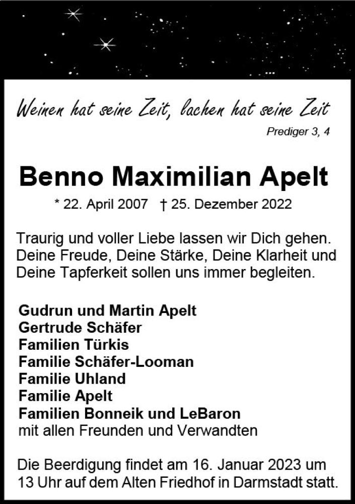  Traueranzeige für Benno Maximilian Apelt vom 07.01.2023 aus vrm-trauer Darmstädter Echo