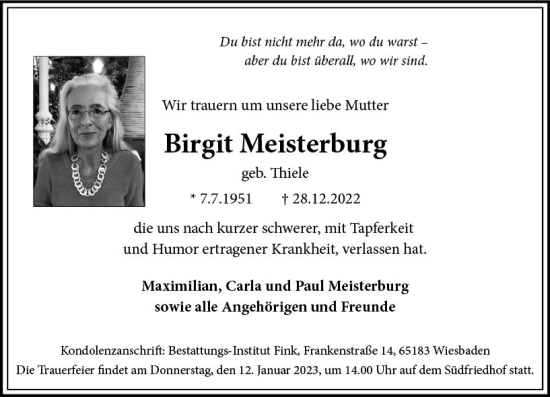 Traueranzeige von Birgit Meisterburg von vrm-trauer Wiesbadener Kurier