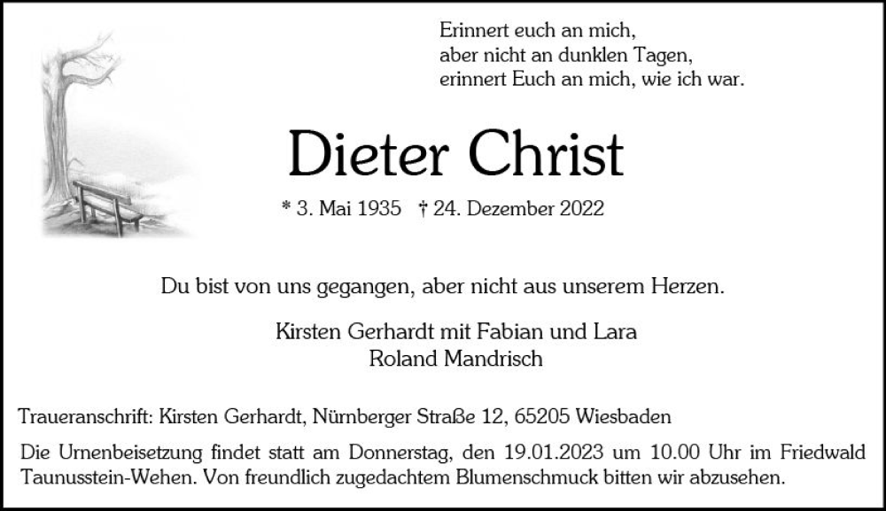  Traueranzeige für Dieter Christ vom 07.01.2023 aus vrm-trauer Wiesbadener Kurier
