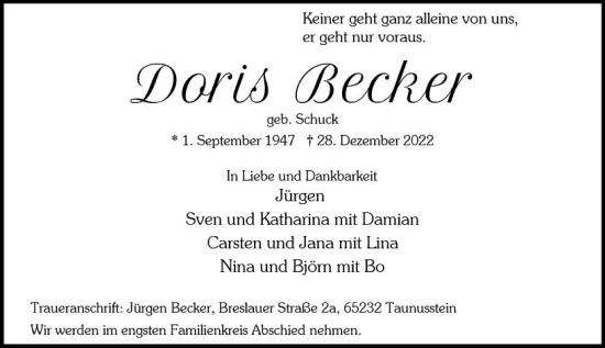 Traueranzeige von Doris Becker von vrm-trauer Wiesbadener Kurier