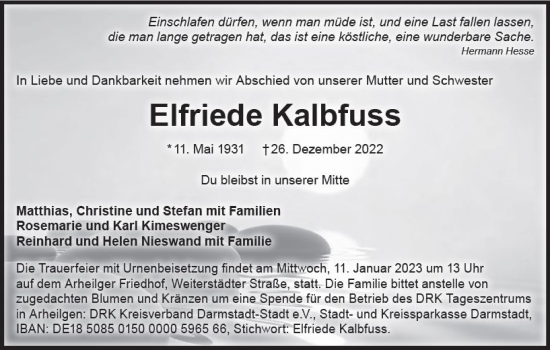 Traueranzeige von Elfriede Kalbfuss von vrm-trauer Darmstädter Echo