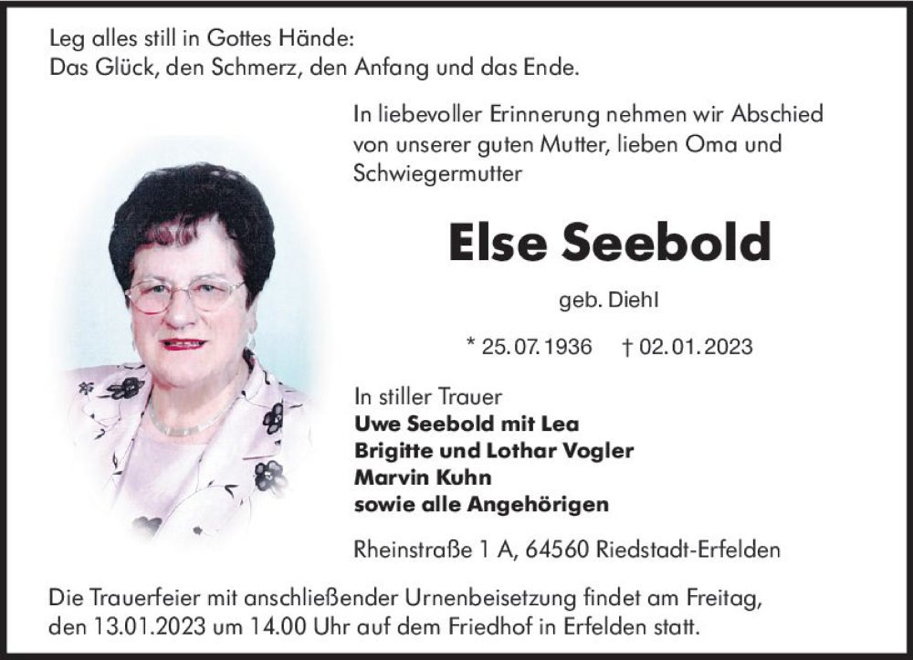  Traueranzeige für Else Seebold vom 07.01.2023 aus vrm-trauer Groß-Gerauer Echo