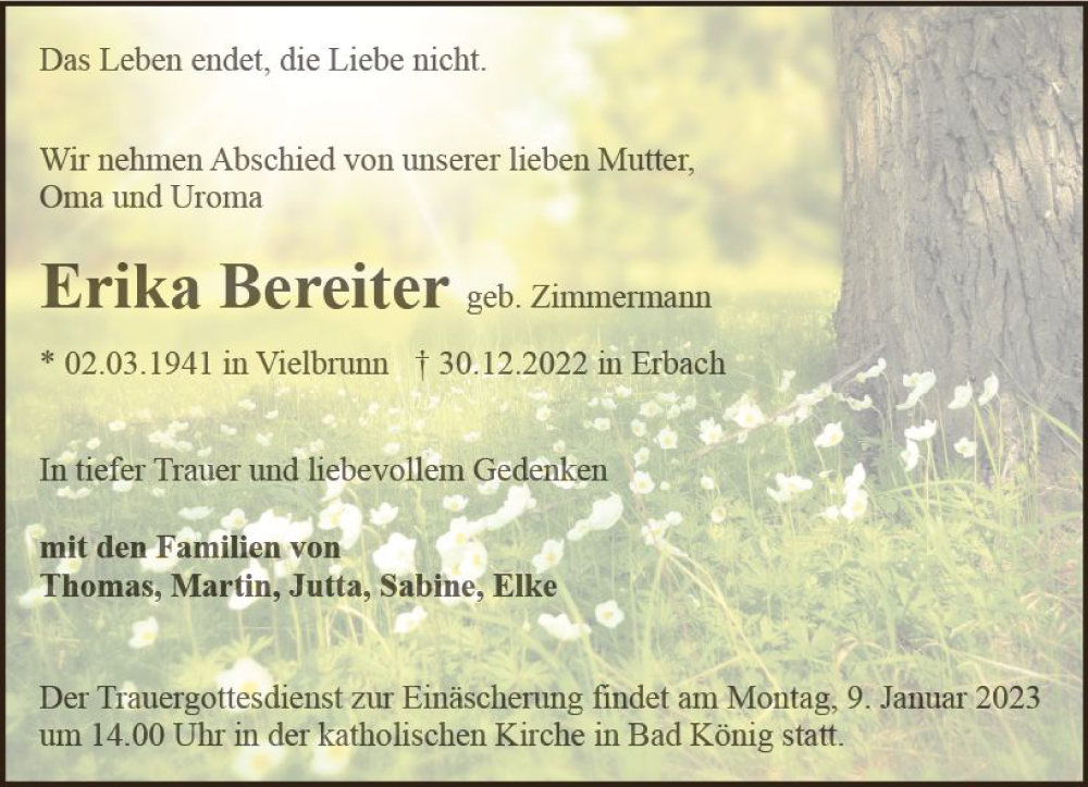  Traueranzeige für Erika Bereiter vom 07.01.2023 aus vrm-trauer Odenwälder Echo