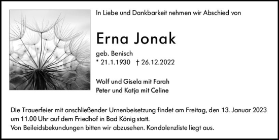 Traueranzeige von Erna Jonak von vrm-trauer Odenwälder Echo