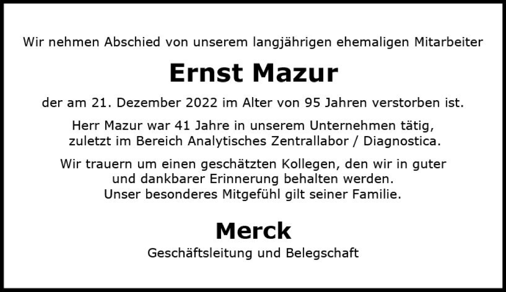 Traueranzeige für Ernst Mazur vom 07.01.2023 aus vrm-trauer Darmstädter Echo