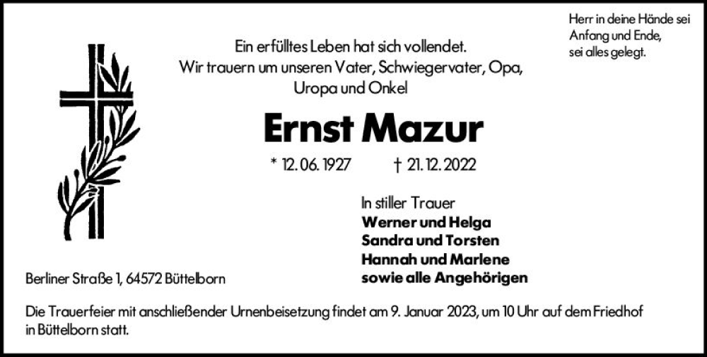  Traueranzeige für Ernst Mazur vom 07.01.2023 aus vrm-trauer Groß-Gerauer Echo
