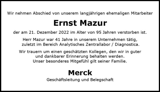 Traueranzeige von Ernst Mazur von vrm-trauer Darmstädter Echo