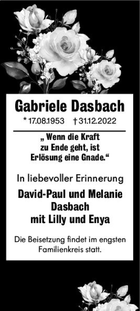  Traueranzeige für Gabriele Dasbach vom 07.01.2023 aus vrm-trauer Wiesbadener Kurier