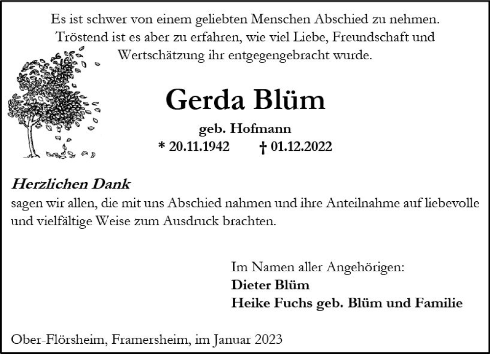  Traueranzeige für Gerda Blüm vom 07.01.2023 aus vrm-trauer Allgemeine Zeitung Alzey