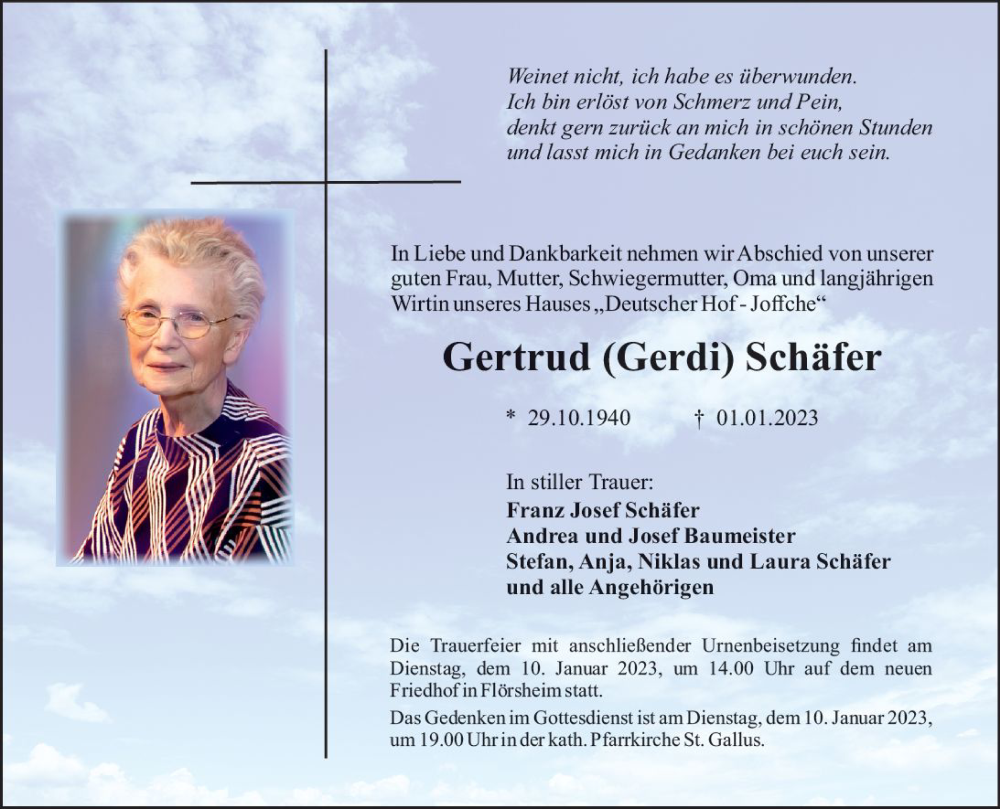  Traueranzeige für Gertrud Schäfer vom 07.01.2023 aus vrm-trauer Rüsselsheimer Echo / MainSpitze