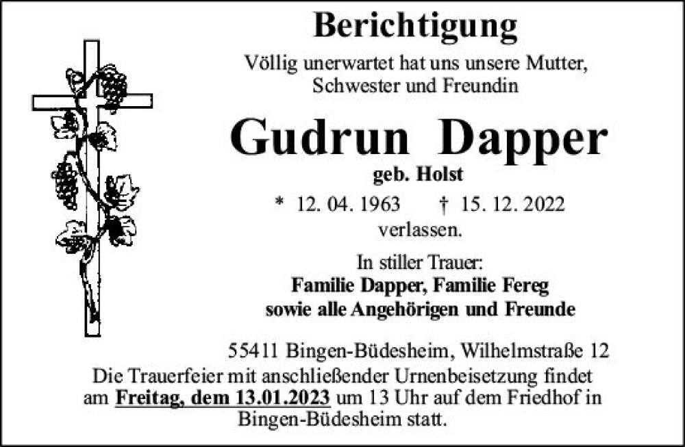  Traueranzeige für Gudrun Dapper vom 07.01.2023 aus vrm-trauer Allgemeine  Zeitung Ingelheim-Bingen