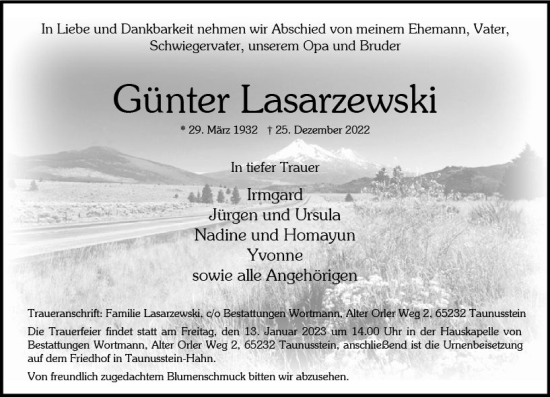 Traueranzeige von Günter Lasarzewski von vrm-trauer Wiesbadener Kurier