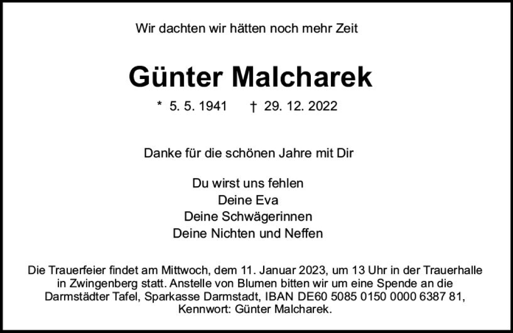  Traueranzeige für Günter Malcharek vom 07.01.2023 aus vrm-trauer Darmstädter Echo