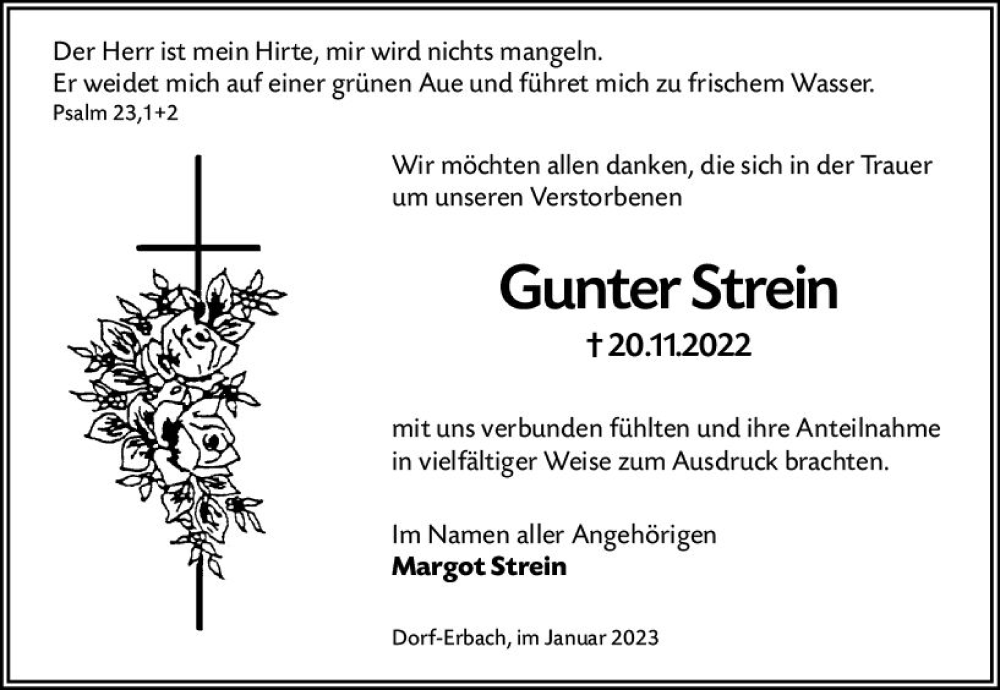  Traueranzeige für Gunter Strein vom 07.01.2023 aus vrm-trauer Odenwälder Echo
