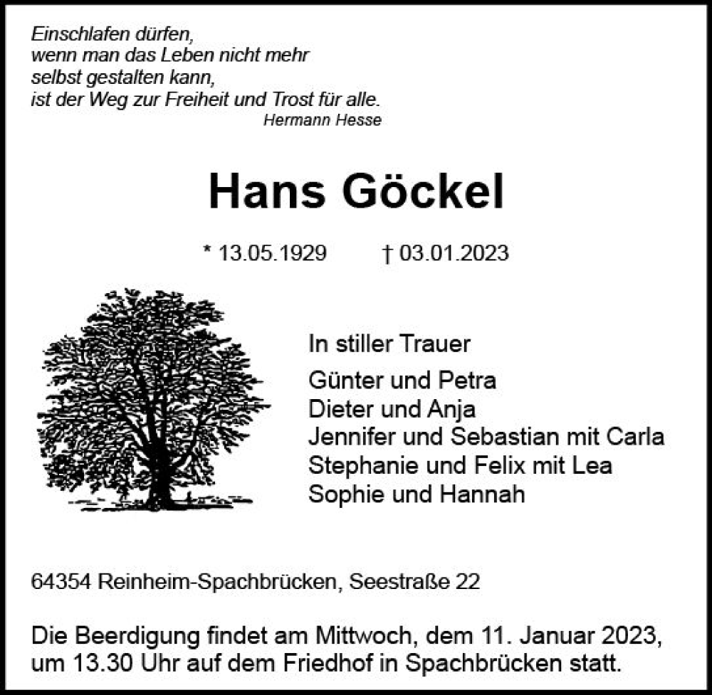  Traueranzeige für Hans Göckel vom 07.01.2023 aus vrm-trauer Darmstädter Echo