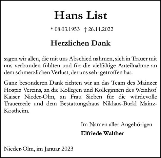Traueranzeige von Hans List von vrm-trauer AZ Mainz