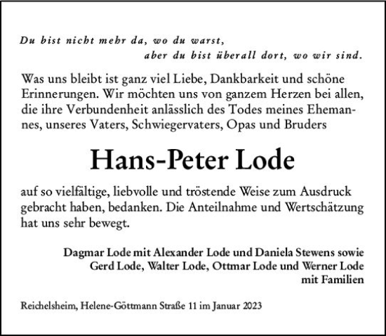 Traueranzeige von Hans-Peter Lode von vrm-trauer Odenwälder Echo