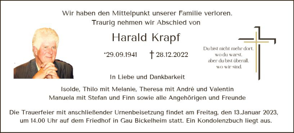  Traueranzeige für Harald Krapf vom 10.01.2023 aus vrm-trauer Allg. Zeitung Bad Kreuznach