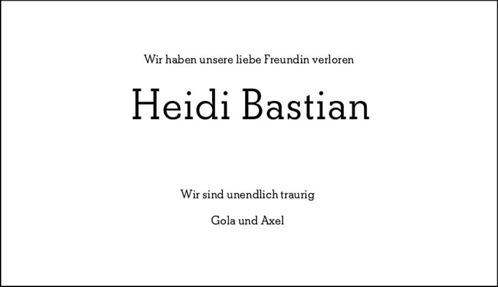  Traueranzeige für Heidi Bastian vom 07.01.2023 aus vrm-trauer Wiesbadener Kurier