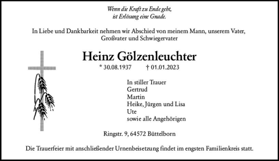 Traueranzeige von Heinz Gölzenleuchter von vrm-trauer Groß-Gerauer Echo