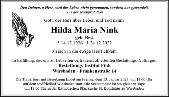 Traueranzeige von Hilda Maria Nink von vrm-trauer Wiesbadener Kurier