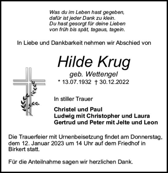 Traueranzeige von Hilde Krug von vrm-trauer Odenwälder Echo