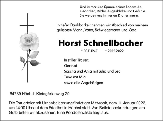 Traueranzeige von Horst Schnellbacher von vrm-trauer Odenwälder Echo