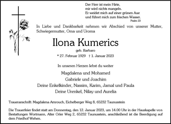Traueranzeige von Ilona Kumerics von vrm-trauer Wiesbadener Kurier