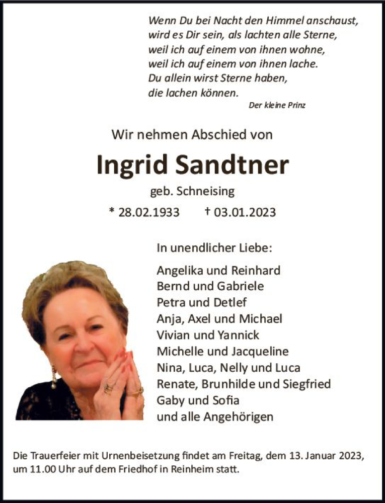  Traueranzeige für Ingrid Sandtner vom 07.01.2023 aus vrm-trauer Darmstädter Echo