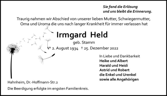 Traueranzeige von Irmgard Held von vrm-trauer AZ Mainz