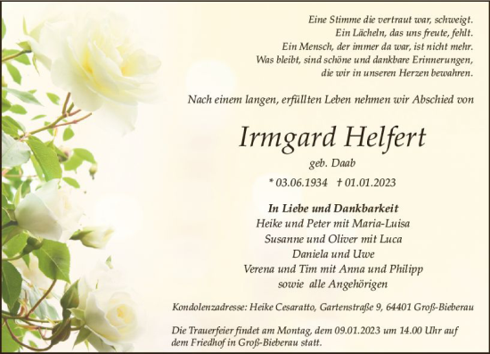 Traueranzeige von Irmgard Helfen von vrm-trauer Darmstädter Echo
