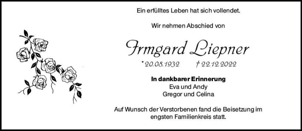  Traueranzeige für Irmgard Liepner vom 07.01.2023 aus vrm-trauer Groß-Gerauer Echo