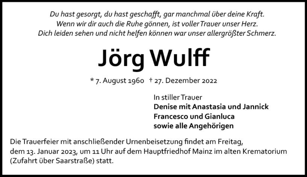  Traueranzeige für Jörg Wulff vom 07.01.2023 aus vrm-trauer AZ Mainz