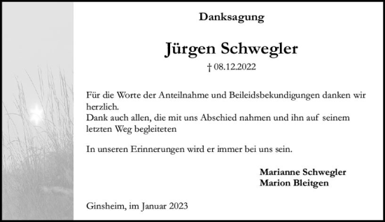 Traueranzeige von Jürgen Schwegler von vrm-trauer AZ Mainz