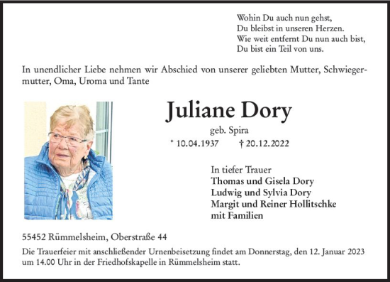Traueranzeige von Juliane Dory von vrm-trauer Allgemeine  Zeitung Ingelheim-Bingen