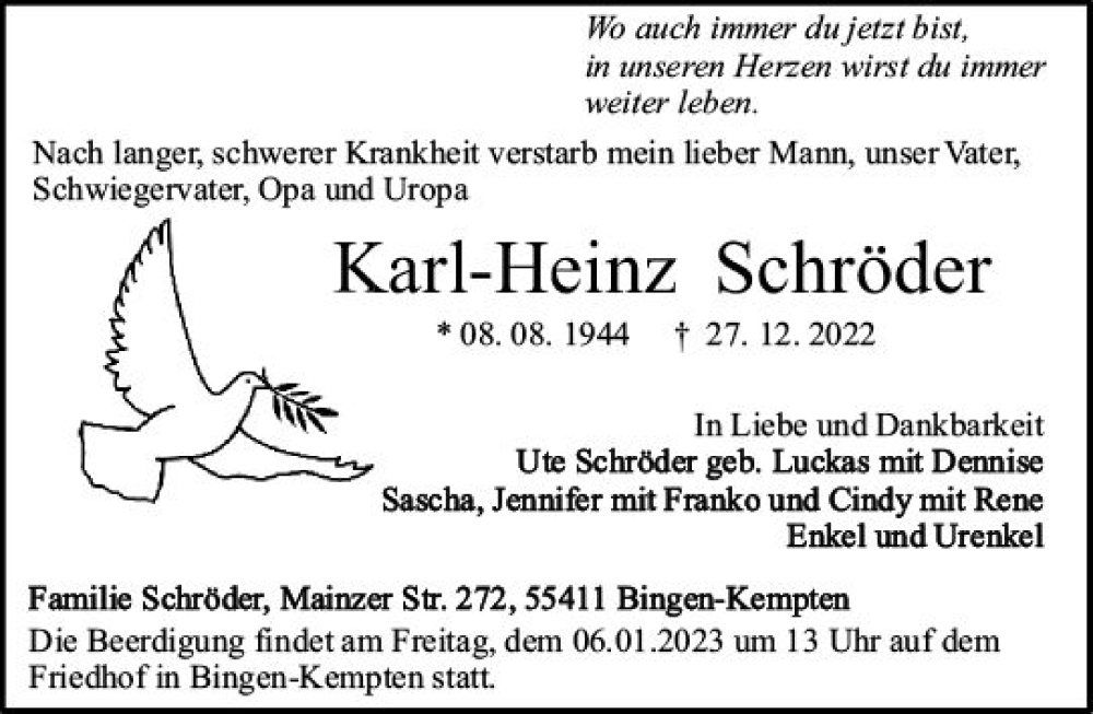  Traueranzeige für Karl-Heinz Schröder vom 04.01.2023 aus vrm-trauer Allgemeine  Zeitung Ingelheim-Bingen