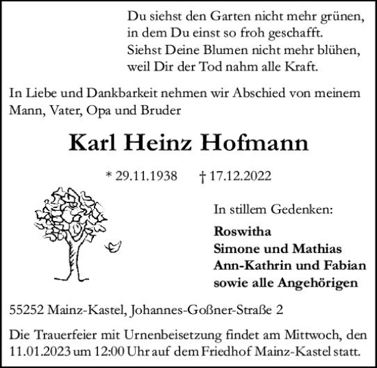 Traueranzeige von Karl Heinz Hofmann von vrm-trauer AZ Mainz