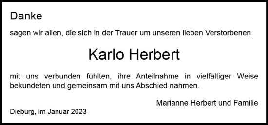 Traueranzeige von Karlo Herbert von vrm-trauer DieburgerAnzeiger/Groß-Zimmerner Lokala