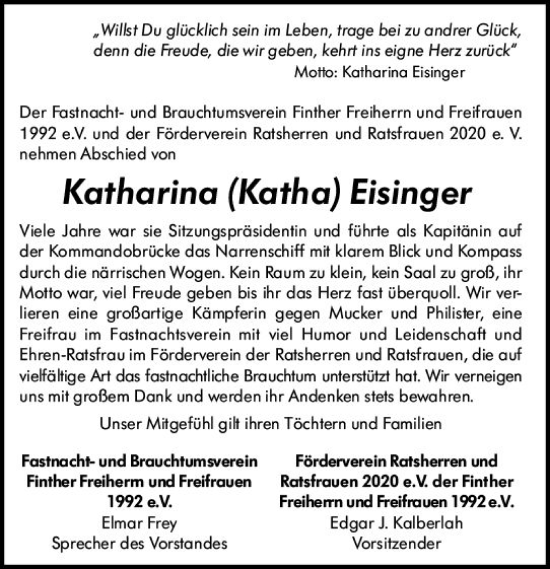 Traueranzeige von Katharina  Eisinger von vrm-trauer AZ Mainz