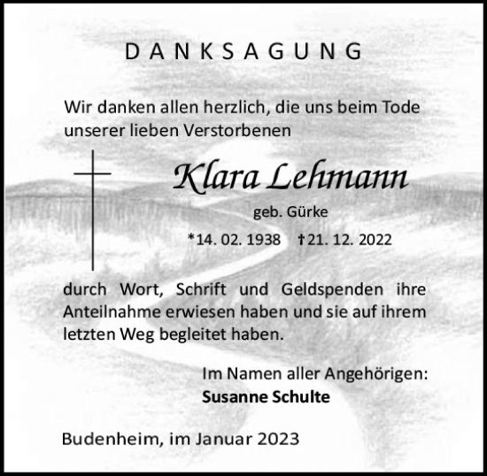 Traueranzeige von klara Lehmann von vrm-trauer AZ Mainz