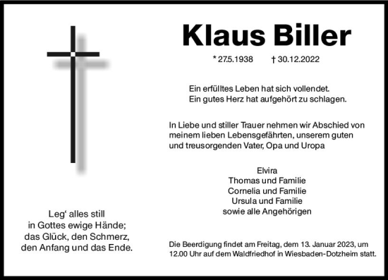 Traueranzeige von Klaus Biller von vrm-trauer Wiesbadener Kurier
