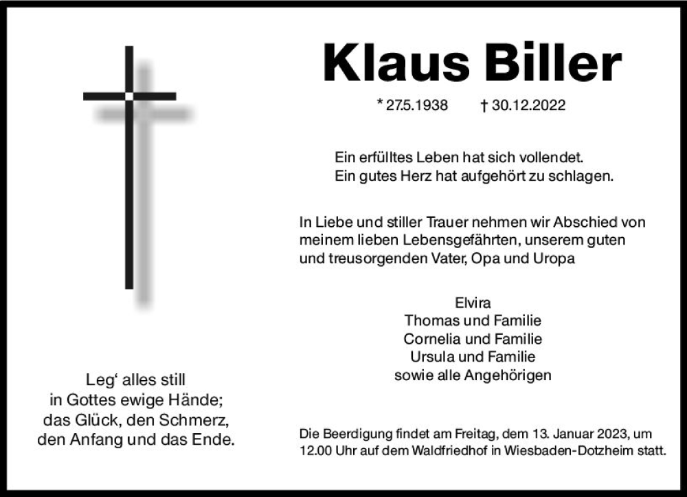 Traueranzeige für Klaus Biller vom 07.01.2023 aus vrm-trauer Wiesbadener Kurier