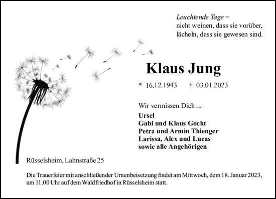 Traueranzeige von Klaus Jung von vrm-trauer Rüsselsheimer Echo / MainSpitze